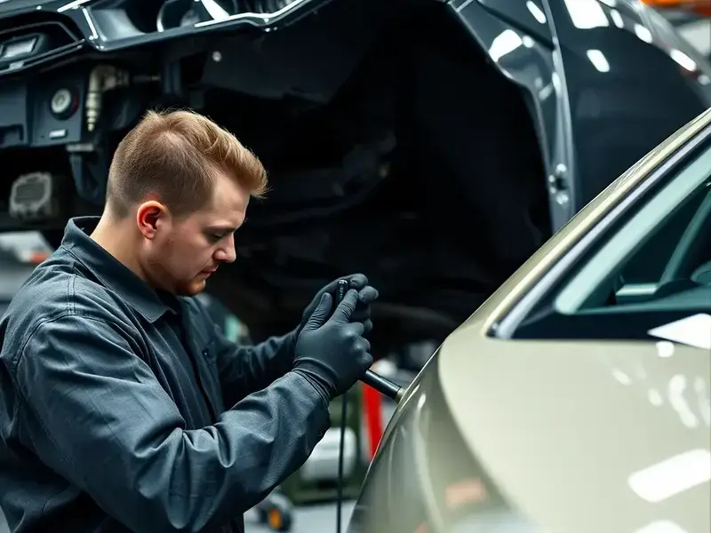 Professional auto body technician performing precision structural repair on vehicle in modern workshop