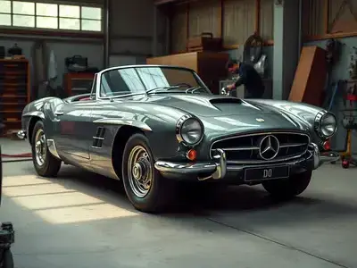 Elegant vintage European sports car undergoing complete restoration