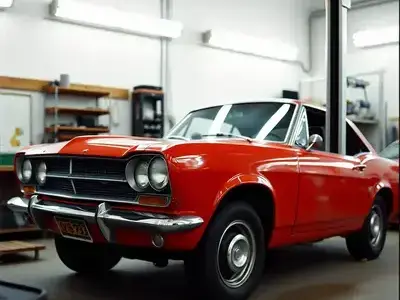 Classic 1960s muscle car in vintage red paint during restoration process