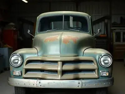 Vintage pickup truck in workshop during professional restoration