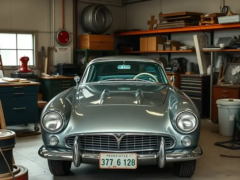 Beautiful vintage 1960s classic car in professional restoration workshop with tools and parts