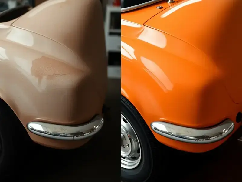 Before and after comparison of classic car paint restoration project