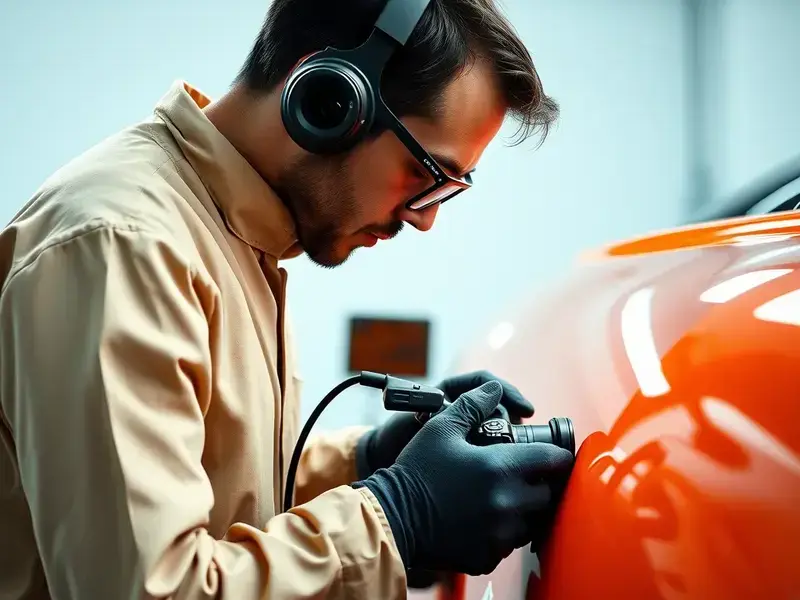 Professional auto body technician performing precise paint matching and restoration work
