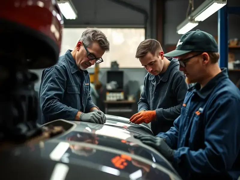 Paul Sateach and his skilled auto body technicians working together in the Beaver Meadows Pennsylvania workshop
