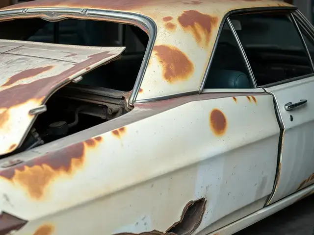 Damaged classic muscle car with rust and paint damage in need of restoration