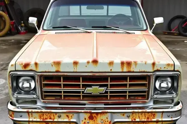 Old vintage pickup truck with rust damage and faded paint